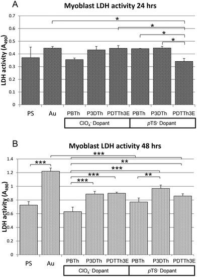 Myoblast LDH activity at 24 (A) and 48 h (B). At 24 h (A), LDH activity was significantly lower in myoblasts grown on PDTTh3E compared to the remaining two polymers of the pTS− doped group (p < 0.05). Myoblasts grown on ClO4− doped polymers did not show any significant difference in LDH activity. By 48 hours (B), differences between polymers were more apparent, indicating variation of effect on cell metabolism according to differences between the pTh formulations. All polymers supported lower LDH activity than gold mylar (Au) surfaces, with significant differences evident between the Au and PBTh-ClO4− and PDTTh3E-pTS surfaces (p < 0.001). In the ClO4− doped group, both P3DTh and PDTTh3E had significantly higher activity than PBTh (p < 0.001). In the pTS− doped group, P3DTh supported the highest activity, significantly higher than PBTh doped with pTS− (p < 0.01). No differences in support of myoblast LDH activity occur between any of the polymer substrata and standard tissue culture polystyrene. In general, the PBTh surfaces (both dopant groups) facilitated less metabolic activity than their similarly doped P3DTh and PDTTh3E counterparts.