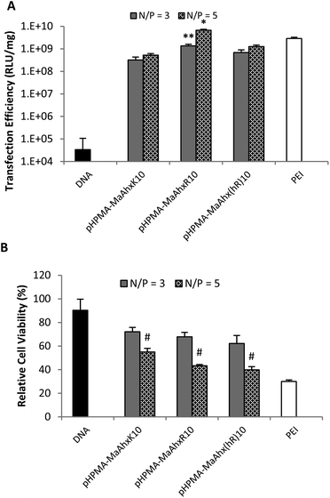 Luciferase plasmid transfection efficiency (A) and cytotoxicity (B) using polyplexes from HPMA-co-MaAhxK10, HPMA-co-MaAhxR10, and HPMA-co-MaAhxhR10 at N/P ratios of 3 and 5. Naked DNA and bPEI (25 kD) controls are included for comparison. Data presented as mean ± SD, n = 3. * greater transfection than PEI (p < 0.05). ** greater transfection than pHPMA-co-MaAhxK10 and pHPMA-co-MaAhx(hR)10 (p < 0.05). # higher cell viability than cells treated with PEI at the same N/P ratio (p < 0.05).
