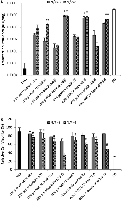 Luciferase transfection efficiency (A) and relative cytotoxicity (B) of the eight pentamer peptide copolymers. Data is presented as mean ± SD, n = 3. * higher transfection efficiency than all other copolymer with the same peptide incorporation (p < 0.05). # greater cell viability than cells treated with bPEI at the same N/P ratio (p < 0.05).