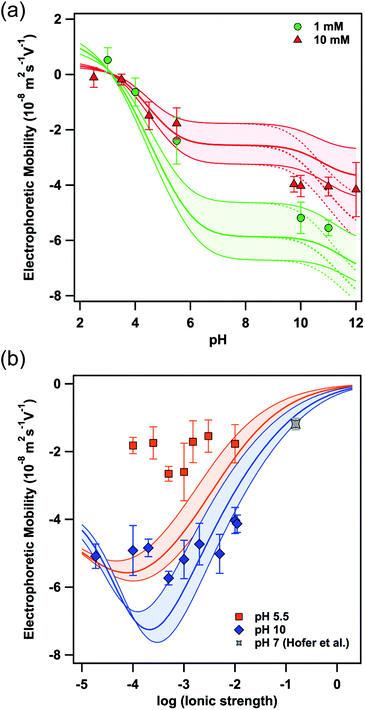Electrophoretic mobility measured as a function of (a) pH and (b) ionic strength. The lines represent the calculation according to the O'Brien and White theory with a constant eADF4(C16) particle radius of 2.8 μm and a surface composition according to Γmob in Table 1, where the colored areas include the upper and lower limits for Γmob, respectively. The gray data point has been reported by Hofer et al. and represents the electrophoretic mobility in an electrolyte solution resembling physiological conditions in terms of ionic strength and pH.6