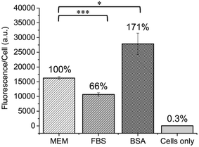 Flow cytometry was used to measure the cellular binding of LDL particles in MEM, MEM supplemented with FBS (FBS), MEM supplemented with BSA (BSA), and cells in the absence of LDL (cells only). Binding was normalized against LDL binding in MEM (*p < 0.05; ***p < 0.001).