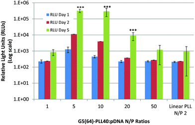 Transfection of Calu-3 cells with pLuc/PLL polyplexes composed of linear PLL : pDNA (N/P 2) and star-shaped G5(64)-PLL40 over a range of N/P ratios (N/P 1–50). The expression of luciferase expressed as RLUs (log scale) was assessed 1, 2 or 5 days post transfection with the polyplexes (n = 3 ± S.D.). Data are represented as mean ± S.D. and were compared by a t-test (non-parametric, one-tailed) against linear PLL at day 5. Differences were considered to be highly significant at ***p < 0.001.