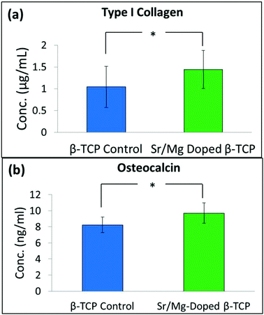 Concentration of type I collagen (a), and osteocalcin (b) in serum of the control group (received only pure 3DP TCP scaffolds), and the treatment group (received Sr/Mg doped 3DP TCP scaffolds) rats after 16 weeks (*P > 0.05, n = 4).