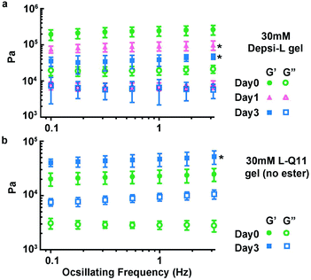 Depsi-L gels softened over time as hydrolysis occurred (a), whereas control L-Q11 gels stiffened (b). *p < 0.05, compared to day 0; ANOVA with Tukey post-hoc test (a) or Student's t test (b), calculated at 1 Hz.