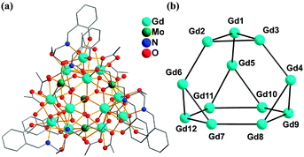 (a) Ball-and-stick plot of Gd12Mo4O16(HL2−)6(μ3-OH)4(CH3CO2)12; (b) the {Gd12} unit corresponds to a distorted truncated tetrahedron.