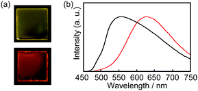 (a) Photoluminescent images of 1 at 80 °C (top) and 2 at 55 °C (bottom) in the smectic A phases. The photoluminescent images were taken for 1 and 2 between quartz plates under UV irradiation at 365 nm. (b) Emission spectra of 1 at 80 °C (black) and 2 at 55 °C (red) in the smectic A phase (λex = 420 nm).