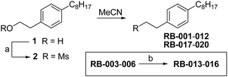 Synthesis of tertiary amine derivatives (RB-001–010, 019 and 020) and quaternary ammonium salts (RB-011–018) of FTY720. (a) MsCl, Et3N, CH2Cl2; (b) MeI, K2CO3, MeCN.