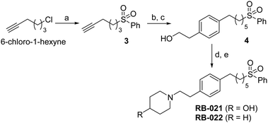 Synthesis of phenylsulfone analogues of RB-021 and RB-022. (a) PhSO2Na, THF, DMF; (b) 2-(4-bromophenyl)-ethanol, Pd(PPh3)4, CuI, Et3N; (c) 10% Pd/C, H2, EtOAc; (d) MsCl, Et3N, CH2Cl2; (e) piperidine or 4-OH-piperidine, MeCN.