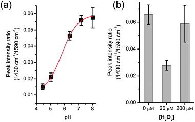 (a) pH calibration using SAW aggregated colloids in phosphate buffers. The data was fitted to a Boltzman curve (R2 > 0.999) using Origin software. The effective sensing range is 5–7, slightly reduced from ref. 16 due to a simpler calibration. Fig. S4 in ESI shows corresponding representative spectra. (b) pH change in cells treated with an oxidative stress (H2O2), as measured by the intensity of the peak at 1430 cm−1, normalised with the 1590 cm−1 peak. Cells were washed in PBS and re-suspended in a non-buffered solution. Subsequent steps were performed with SAW: cell lysis, mixing with colloids solution, colloid aggregation. Values are averages of a minimum of three experiments; error bars are the standard error of the mean.