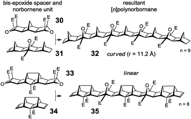 Examples of [n]polynorbornane frameworks with curved and linear geometries as predicted by molecular modelling (r is the calculated radius of curvature).63