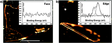 Optical images of the tetracene single crystals and their corresponding Cl 2p XPS spectra as insets. (a) The large face of a tetracene single crystal (scale bar is 1 mm) displays little/no reaction as determined by the lack of chlorine signal. (b) A single crystal placed on its side to expose the edge shows the presence of chlorine. Binding energies were referenced to the C 1s signal occurring at 284.5 eV and signals have been normalized to the area of the sample within the focal point of the beam.