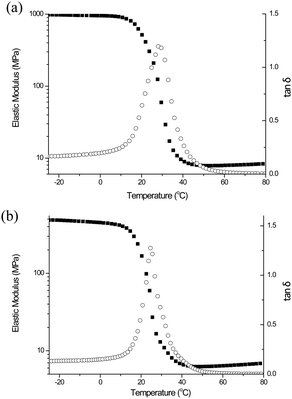 Tan δ and elastic modulus plots vs. temperature for networks formed from a stoichiometric mixture of PETMA (a), PETMP (b) and bisphenol A ethoxy diacrylate.