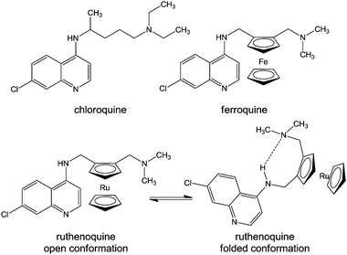 Molecular structures of chloroquine, ferroquine, and ruthenoquine. The intramolecular hydrogen bond facilitating membrane permeability of ruthenoquine is shown.