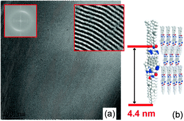 (a) Transmission electron microscopy (TEM) image of compound 2 with a lamellar structure. The insets show the Fourier transformation (FFT) and a zoom-up of a lamellar domain (edge size of 50 × 45 nm). (b) A possible molecular model of the molecular organization in the lamellar structure.