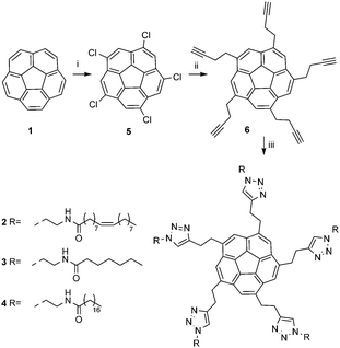 
          Reaction conditions: (i) ICl, DCM, from −75 °C to r.t., 82 h. (ii) 1. 1-Trimethylsilyl-4-butynyl magnesium bromide, Fe(acac)3, THF/NMP, r.t., 2.5 h. 2. NaOH, MeOH/THF/H2O, r.t., 24 h. (iii) RN3, Cu nanoparticles, DMF, microwave, 60 °C, 2 h.