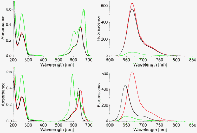 Top: absorption (left) and fluorescence (right) spectra of single strands ON1 (red) and ON2 (black), and their hybrid ON1*ON2 (green); bottom: absorption and fluorescence spectra of ON1 (red), ON5 (black) and hybrid ON1*ON5 (green, 1.5 μM single strand conc., 10 mM phosphate, pH = 7.4, 100 mM NaCl).