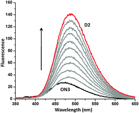 Change of fluorescence by addition of ON4 (individual steps = 0.1 μM; conditions as in Fig 2) to ON3; arrow: increasing ON4 conc.