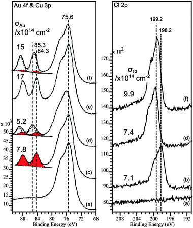 Au(4f) and Cl(2p) XP spectra showing the effect the presence of gold at a Cu(100) surface has on the chemisorption of HCl at room temperature. Surface concentrations of Au and Cl (calculated from the XP peak areas15,16) are indicated on the relevant sets of spectra. (a) Clean surface; (b) Cl(2p) spectrum after exposure of a clean surface in the absence of gold to 230 L HCl. (c) Au(4f) spectrum for Au evaporated onto the clean Cu(100) surface, (d) Au(4f) and Cl(2p) spectra after exposure of surface in (c) to 200 L HCl; (e) Au(4f) spectrum for a higher concentration of Au at the clean Cu(100) surface; (f) Au(4f) and Cl(2p) spectra after exposure of surface in (e) to 200 L HCl.