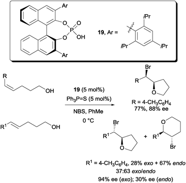Enantioselective bromoetherification with chiral phosphoric acid and triphenylphosphine sulphide co-catalyst.