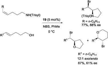 Enantioselective bromoetherification with chiral phosphoric acid catalyst.