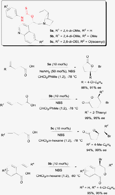 Enantioselective bromolactonization with amino-thiocarbamate catalysts.