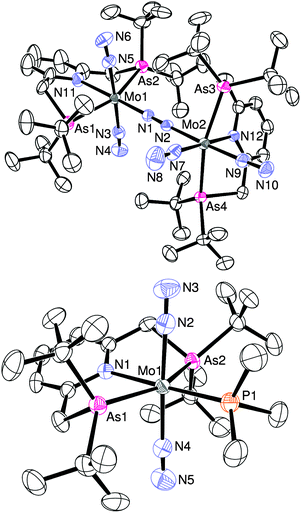 ORTEP drawing of 4b (upper) and 5b (lower). Thermal ellipsoids are shown at the 50% probability level. Hydrogen atoms and solvent molecules are omitted for clarity.