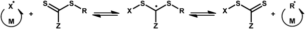 General RAFT mechanism where M is the monomer, X is either an initiator, initiator-derived polymeric adduct, the R-group of the CTA or R-group-derived polymeric adduct and R is either the R-group or R-group-derived polymeric adduct.