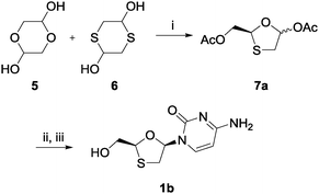 Synthesis of ent-lamivudine (1b) using CAL B; (i) phenyl acetate, CAL B, TEA, toluene, rt, 92%; (ii) silylated N4-acetylcytosine, TMSI, MeCN, 0 °C; (iii) K2CO3, MeOH, rt, 40% for two steps.