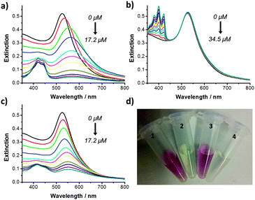 UV-Vis extinction spectrum of dsDNA functionalised gold nanoparticles (PB 10 mM, pH 7.4) after addition of increasing concentrations of: (a) 1; (b) 9-AA; and (c) 2 and (d) Eppendorf tubes containing dsDNA functionalised gold nanoparticles after addition of: (1) no compound; (2) 1 (17.2 μM); (3) 9-AA (34.5 μM); and (4) 2 (17.2 μM). All of the samples were shaken by hand for 1 min prior to measurement.