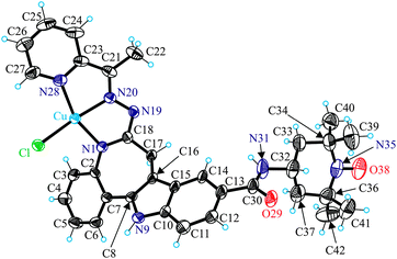ORTEP view of a molecule of [Cu(L2)Cl] with atom labeling, showing thermal ellipsoids at 50% probability level. Selected bond distances (Å) and bond angles (deg): Cu–N1 1.978(5), Cu–N20 1.951(4), Cu–N28 2.028(5), Cu–Cl 2.2529(15), Cu–O29i 2.271(4), N35–O38 1.285(7), N1–Cu–N20 79.19(19), N20–Cu–N28 79.64(19). Symmetry code i: x, y, z + 1.
