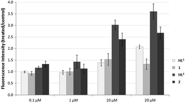 Generation of intracellular ROS induced by treatment with compounds in the DCFH-DA assay. H2O2 (500 μM; 10 min incubation) was used as a positive control.