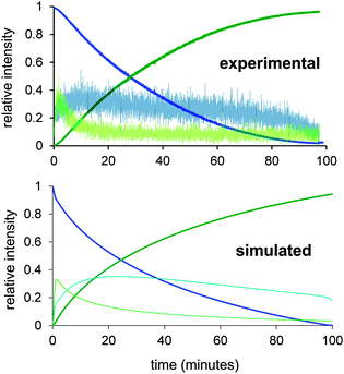 Experimental (top) and numerically modelled hydrodehalogenation (bottom). Intermediate intensity has been multiplied by 20 to get them on the same scale.