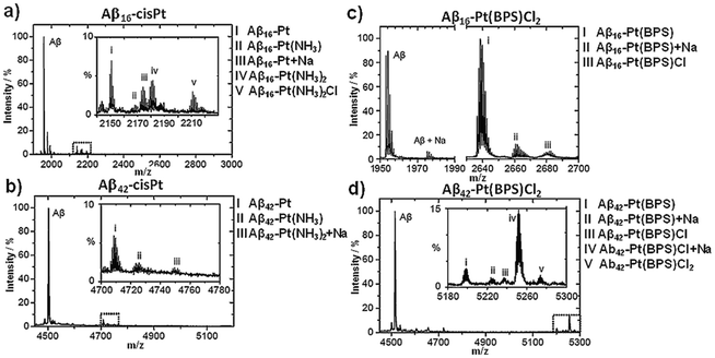 MALDI-MS analysis of Aβ16 (a, c) and Aβ42 (b, d) complexes with cisPt (a, b) and Pt(BPS)Cl2 (c, d).