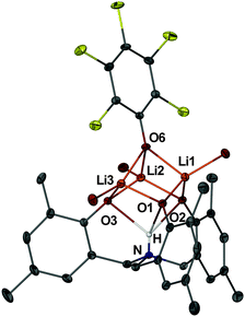 Solid state structure of 5 with most H atoms and solvent molecules (except O atoms) omitted. The central N–H atom was located in the difference Fourier map and refined isotropically.