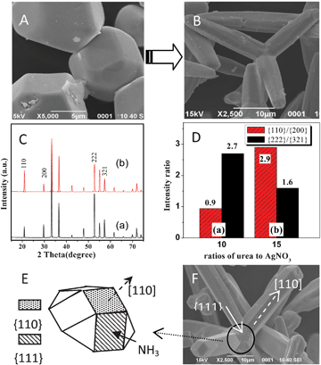 SEM images of Ag3PO4 microcrystals prepared at different molar ratios of urea to AgNO3: (A) 10; (B) 15. (C) XRD patterns of Ag3PO4: (a) A, (b) B. (D) Peak intensity ratios of {110}/{200} and {222}/{321}. (E, F) Growth diagram of T-Ag3PO4 tetrapods preferentially along the [110] direction.