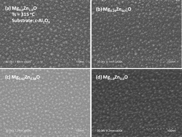 SEM micrographs of MgxZn1−xO QDs grown on c-Al2O3 with Mg concentration (nominal) (a) 0%, (b) 40%, (c) 80% and (d) 100% at a growth temperature of 315 °C.