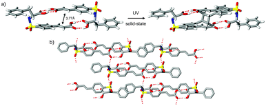 Crystal structure of (R)-1 showing a) hydrogen-bond dimer and outcome of SCSC UV irradiation (1 hour, 19% conversion) and b) crystal packing pattern.