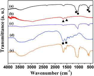 FT-IR spectra. (a) Hydroxyapatite NFHNs without drug loading; (b) hemoglobin (Hb); (c) Hb loaded hydroxyapatite NFHNs; (d) bovine serum albumin (BSA); (e) BSA loaded hydroxyapatite NFHNs. The characteristic peaks for phosphate, Hb and BSA are labelled as circles, triangles and squares, respectively.