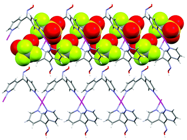 View showing how the CF3SO3− anions sit within the 1-D helices running along the crystallographic b axis.