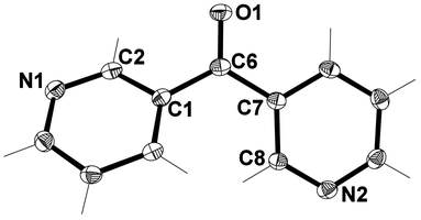 View of the asymmetric unit of L1 with crystallographic numbering. Thermal ellipsoids are drawn at 50% probability level. Selected bond lengths (Å) and angles (°): C(1)–C(6) 1.496(2), C(6)–C(7) 1.498(2), C(6)–O(1) 1.228(2); C(1)–C(6)–C(7) 121.73(13).