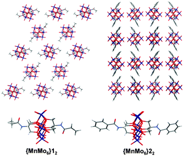 X-Ray structures of {MnMo6}12 (top and bottom left) and {MnMo6}22 (top and bottom right). The two packing diagrams are shown in the (yz) plan. Colour scheme: O (red), Mo (dark blue), Mn (orange), N (light blue), C (dark grey) and H (light grey). The TBA cations and the solvent molecules are removed from the packing diagrams for clarity.