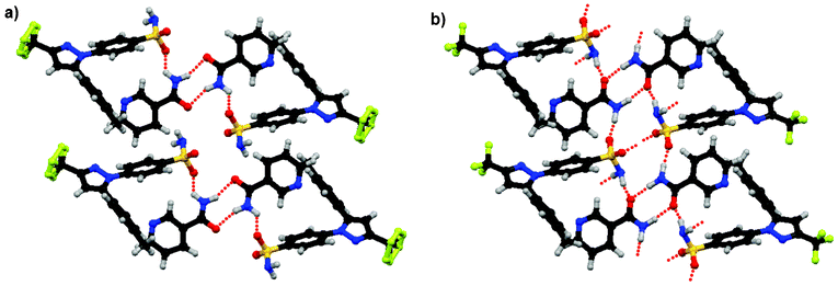 Molecular conformations and intermolecular packing in a) the reported celecoxib:nicotinamide co-crystal24 and b) the most stable optimised structure in this study. Dotted lines indicate hydrogen bonds.