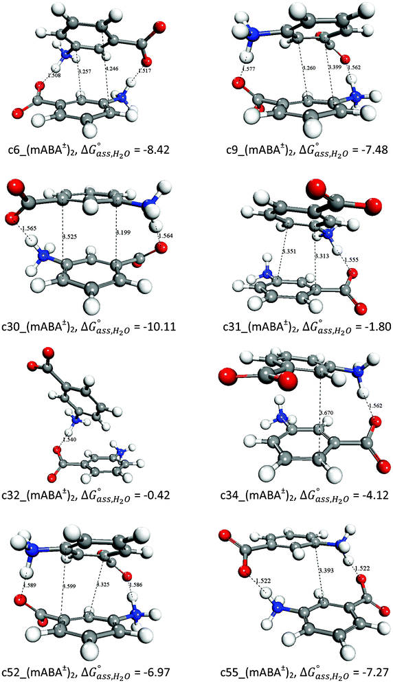Optimized structures of representative zwitterionic–zwitterionic (mABA±)2 dimers and free energies of formation in water. Distances in Å and free energies in kcal mol−1.