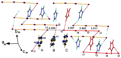Arrangement of counterions in respect to [I42−] rods in Phase II. Dashed lines represent hydrogen bond interactions. Hydrogen bonded motif is marked on red. Independent imidazolium ions are labeled with A, B and C.