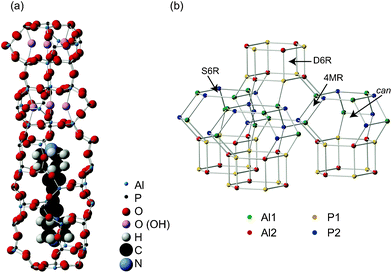 (a) Part of the structure of STA-2(BDAB), showing the BDAB template within the pores. The six possible hydroxyl positions suggested by diffraction measurements are also shown (as pink spheres). (b) Layers of cancrinite cages in the STA-2 framework structure, with Al1, Al2, P1 and P2 shown by green, red, yellow and blue spheres, respectively. Single and double six-membered rings (S6Rs and D6Rs, respectively), four membered rings (4MRs) and cancrinite (can) cages are shown.