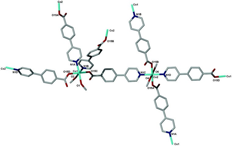 The coordination environments of the two cobalt centres Co(1) and Co(2) in 3, the hydrogen atoms, water and methanol guest molecules have been omitted for clarity.