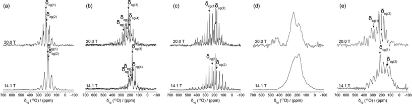 17O DOR NMR data (νr(inner) = 1.2–1.8 kHz, νr(outer) = 5.8–8.8 kHz, ν0 = 81.33 and 115.25 MHz) measured from the (a) BZA, (b) LiHD, (c) KHD, (d) RbHD and (e) CsHD systems. The centre-of-gravity shift (δcg) for each resonance is indicated in all spectra.