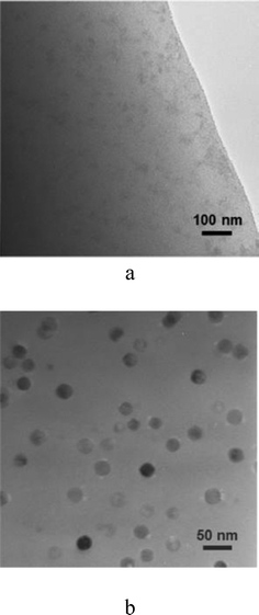 TEM micrographs of the base glass (a) and glass-ceramic obtained at 580 °C for 60 h (b).