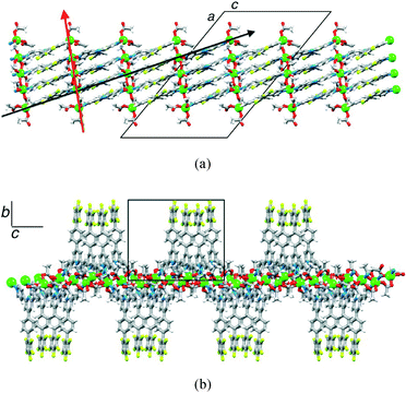Assembly of deep chains in [Zn5(OAc)10(2)4·11H2O]n. (a) The red and black arrows define the directionalities of the {Zn5(OAc)10} and {Zn5(2)4} units, respectively. (b) Chains run along the c-axis, and groups of four adjacent pentafluorobiphenyl domains engage in πF⋯πF and πH⋯πH stacking interactions.