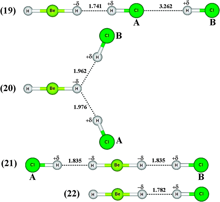 Optimized geometries of BeH2HCl binary dihydrogen-bonded complex (22), as well as ternary dihydrogen-bonded isomers (19), (20), and (21) obtained from B3LYP/6-31++G(3d,3p) calculations. The H–Be and H–Cl bond lengths on free monomers are 1.324 and 1.2807 Å respectively.